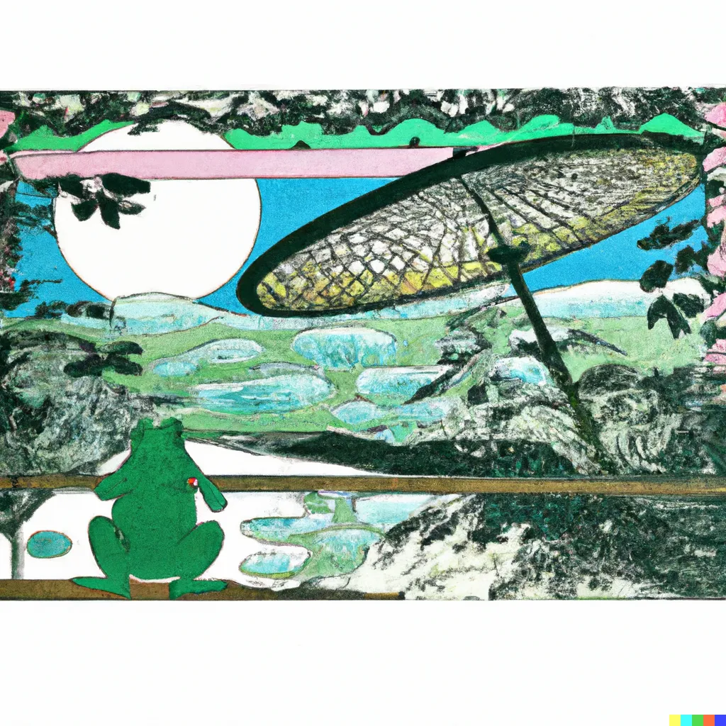 DALL-E 2 artwork for Frog 88, using the translation by Bernard Lionel Einbond. A frog on holiday admires its garden from an engawa (縁側), a type of low veranda.