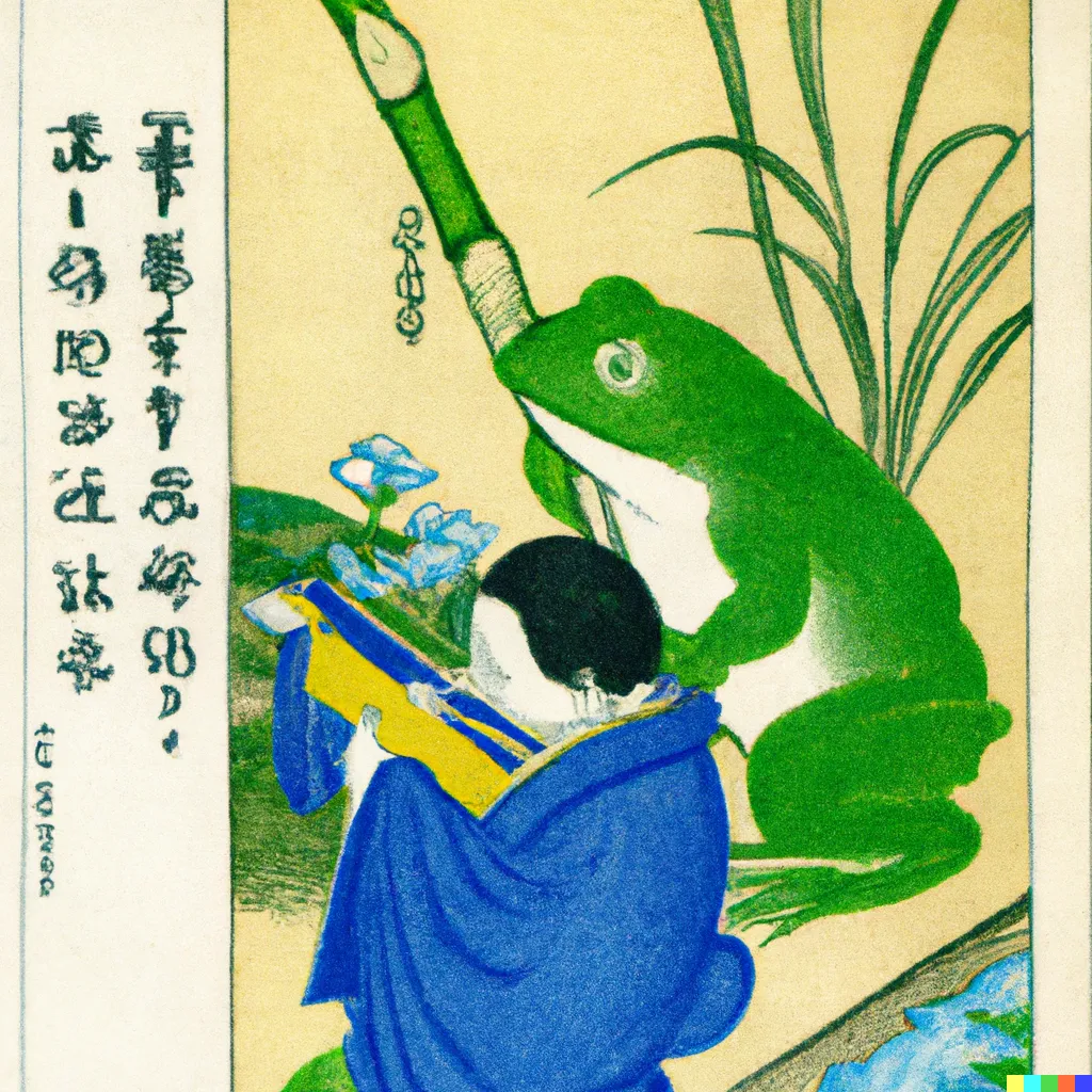 DALL-E 2 artwork for Frog 90, using the translation by wm Flygare. A magical frog guides Bashō through the writing process, wielding a gigantic brush pen made of a bamboo tree.