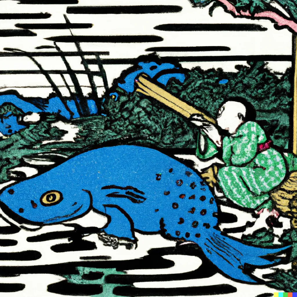 DALL-E 2 artwork for Frog 91, using the translation by wm Flygare. Despite the original Japanese poem by Bashō being included in the prompt, This translation persistently produced fish (and fish-like creatures with legs) along with fishermen in ancient clothing.
