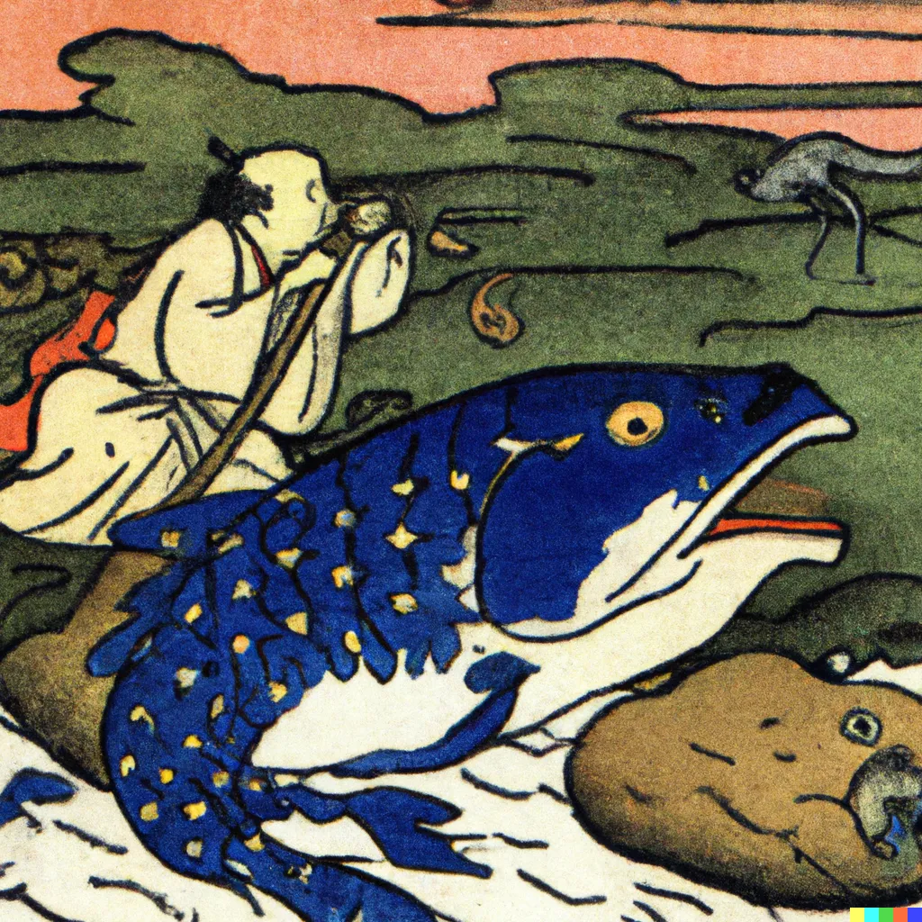 DALL-E 2 artwork for Frog 92, using the translation by wm Flygare. Once again, fish and fishermen appeared in many of the output.