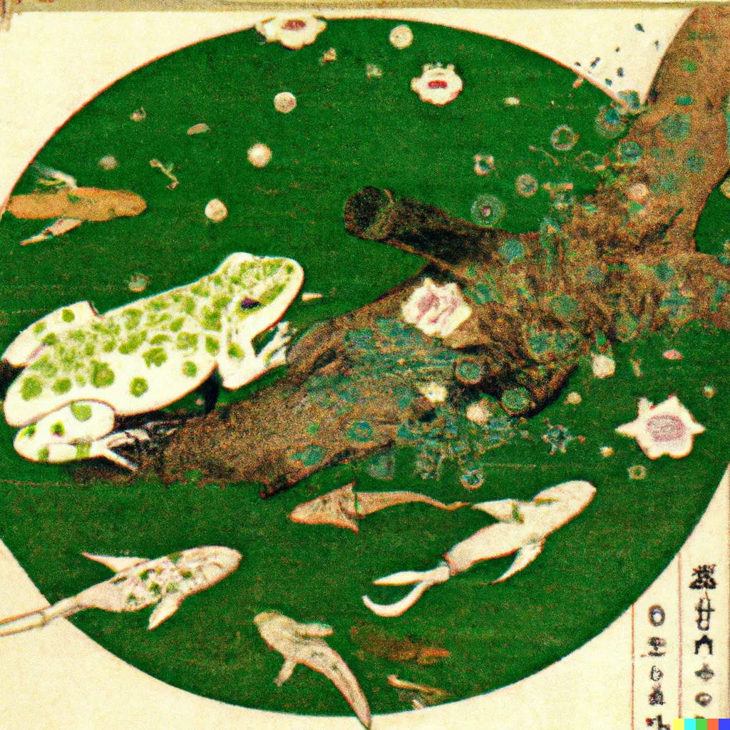 DALL-E 2 artwork for Frog 93, using the translation by Lorraine Ellis Harr. A spotted frog sits on a log, in a pond full of fish and flowers.