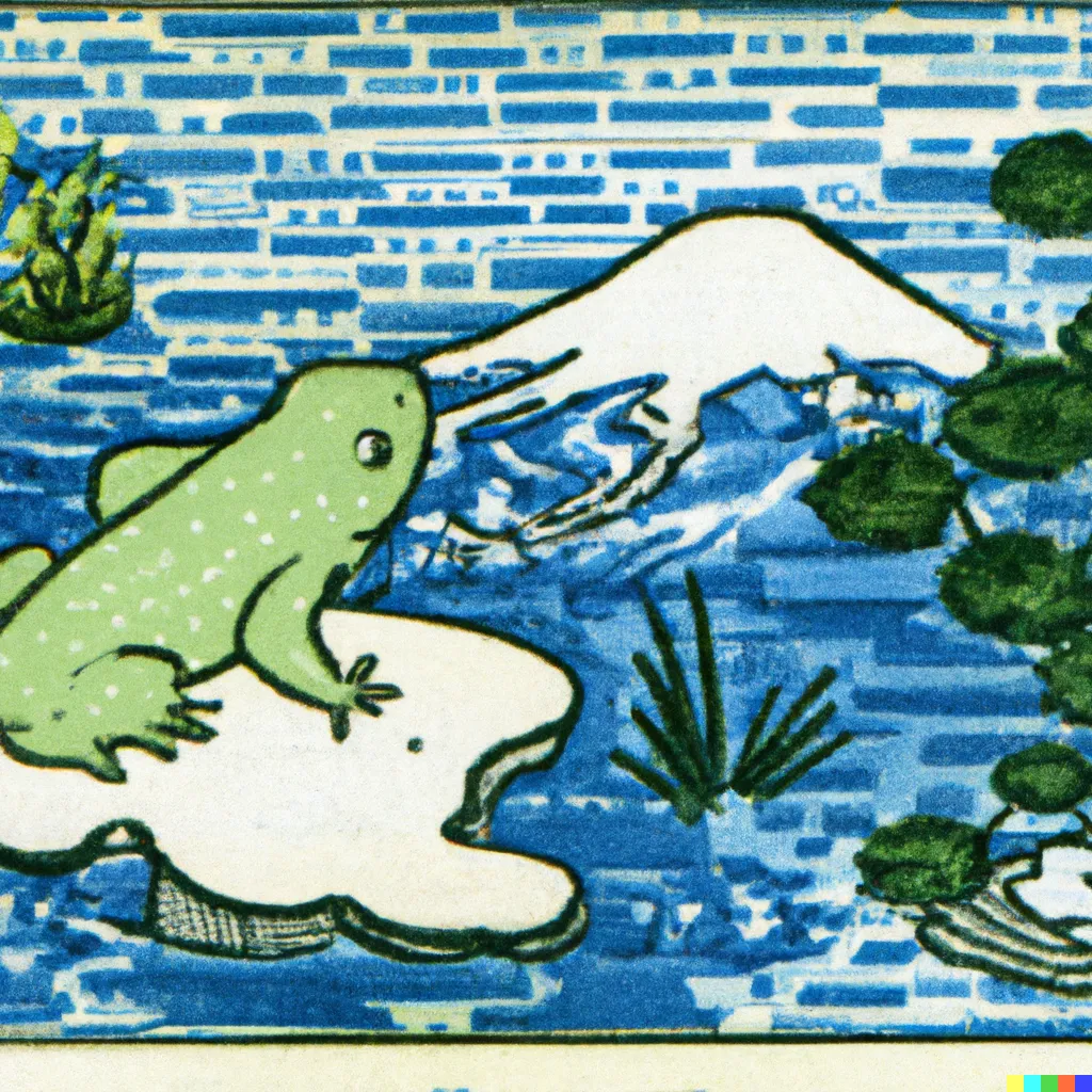 DALL-E 2 artwork for Frog 94, using the translation by Lindley Williams Hubbel. A ceramic painting shows a frog floating towards a snow-capped mountain on a block of ice.