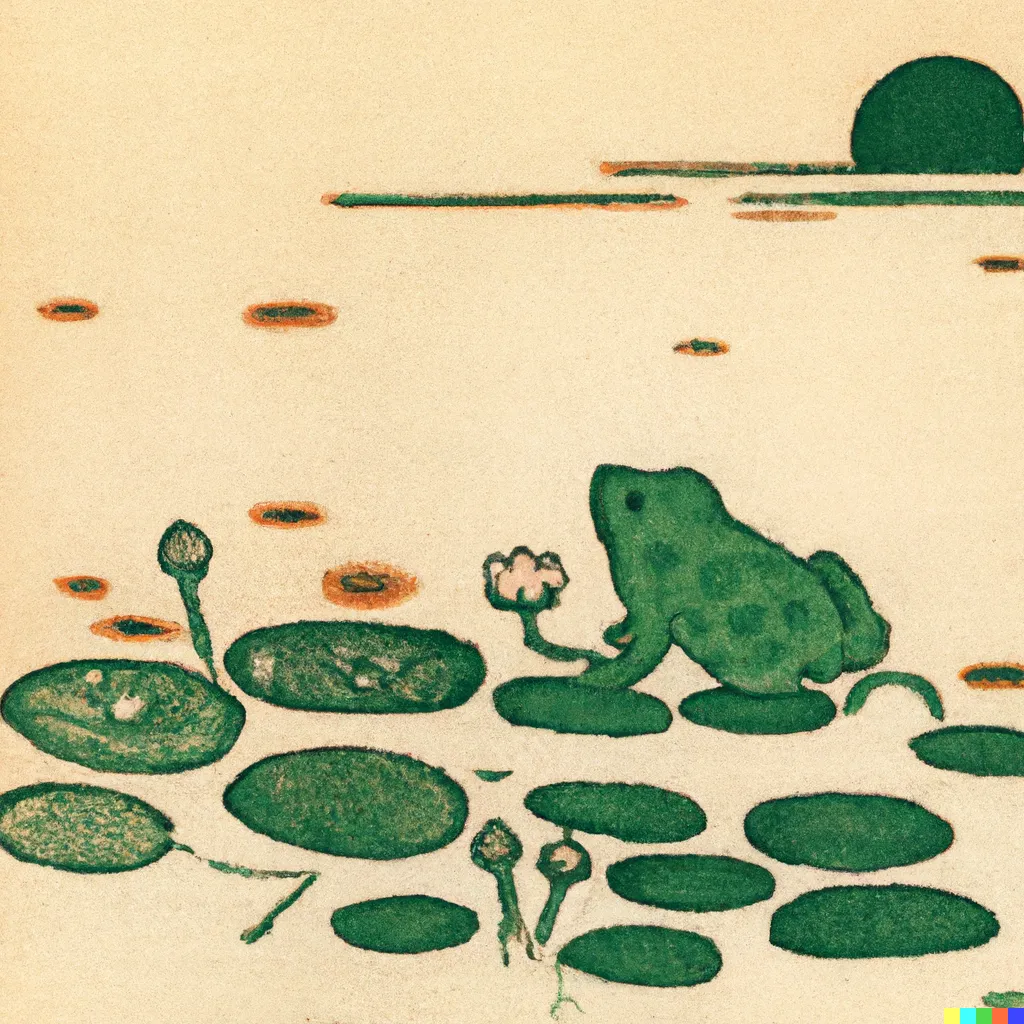 DALL-E 2 artwork for Frog 95, using the translation by Lindley Williams Hubbel. A mousey and gentle frog looks to the distance as a frog-coloured sun sets into the endless stretch of water.