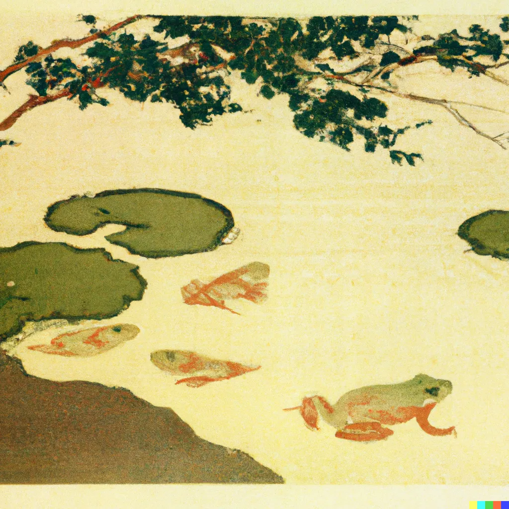 DALL-E 2 artwork for Frog 96, using the translation by Hisako Kanaseki. Ethereal, almost translucent frogs swim in a pond beneath a hanging branch.