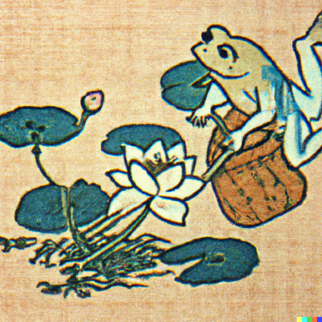 DALL-E 2 artwork for Frog 97, using the translation by James Kirkup. A forager frog has found a lotus flower.