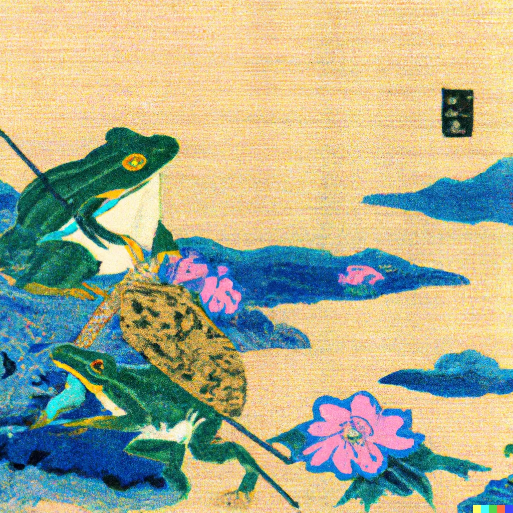 DALL-E 2 artwork for Frog 98, using the translation by Frank Kuenstler. Two intelligent looking frogs consider a hilly path.