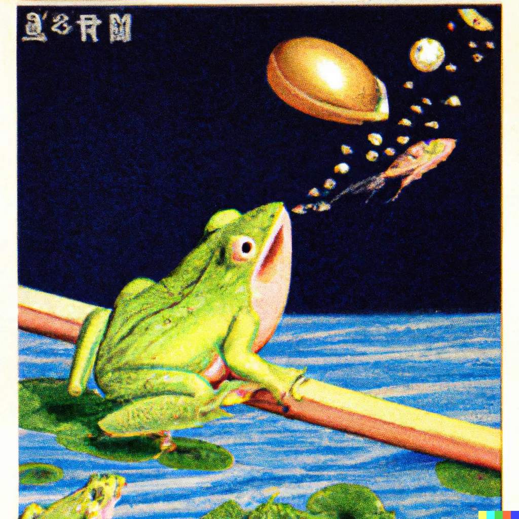 DALL-E 2 artwork for Frog 100, using the translation by wm Flygare. Here is the lever long enough to move the world that Archimedes asked for.