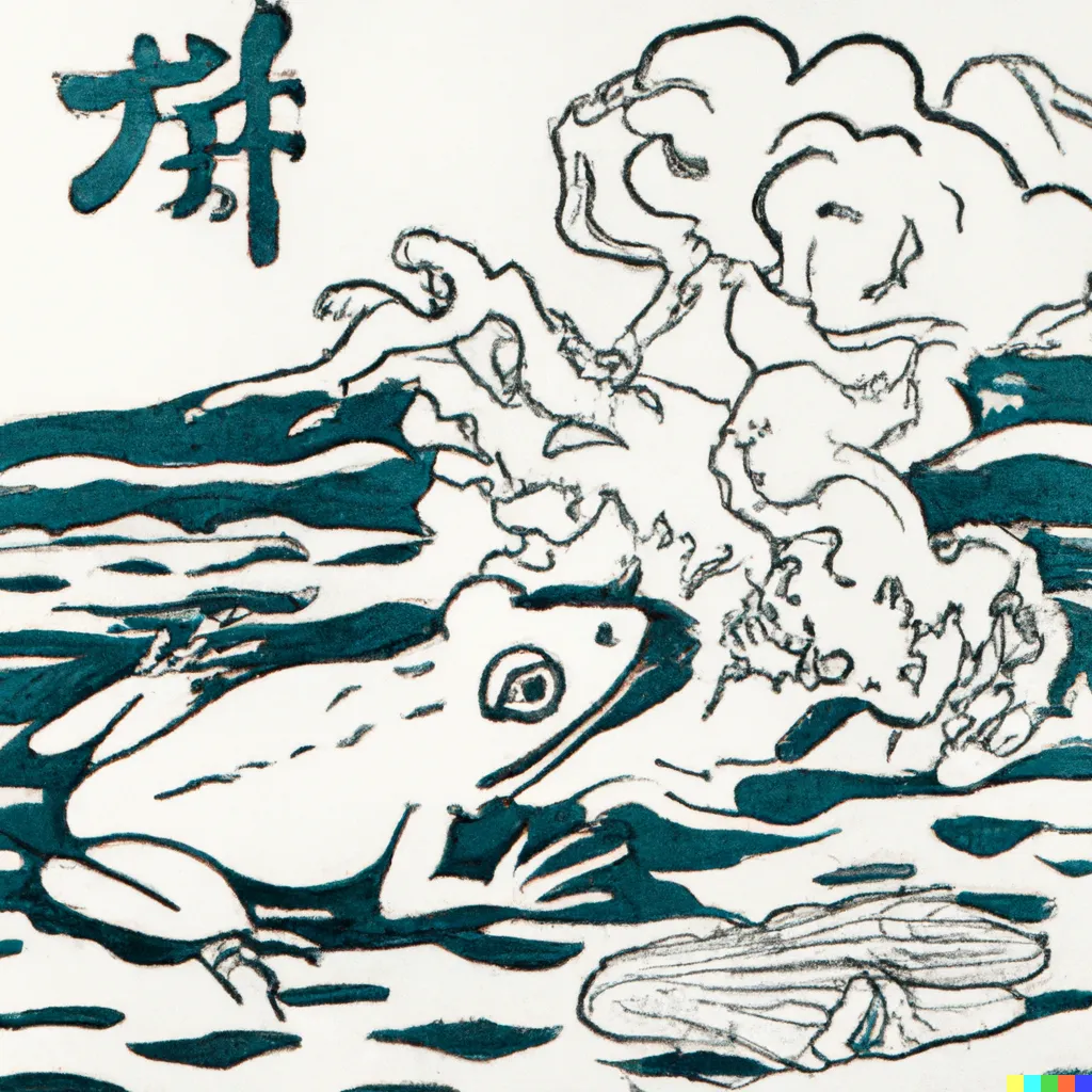 DALL-E 2 prompt experiment 14, sample 2: The Hokusai School prompt with kanji.