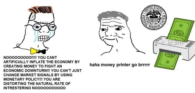 Money Printer Go Brrr image macro depicting two Wojak figures representing the US Federal Reserve