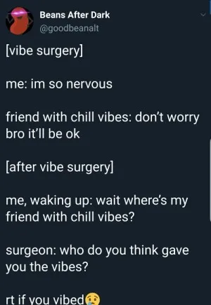 [vibe surgery], me: "im so nervous", friend with chill vibes: "don't worry bro it'll be ok". [after vibe surgery], me, waking up: "wait where's my friend with chill vibes?", surgeon: "who do you think gave you the vibes?". rt if you vibed <cry emoji>